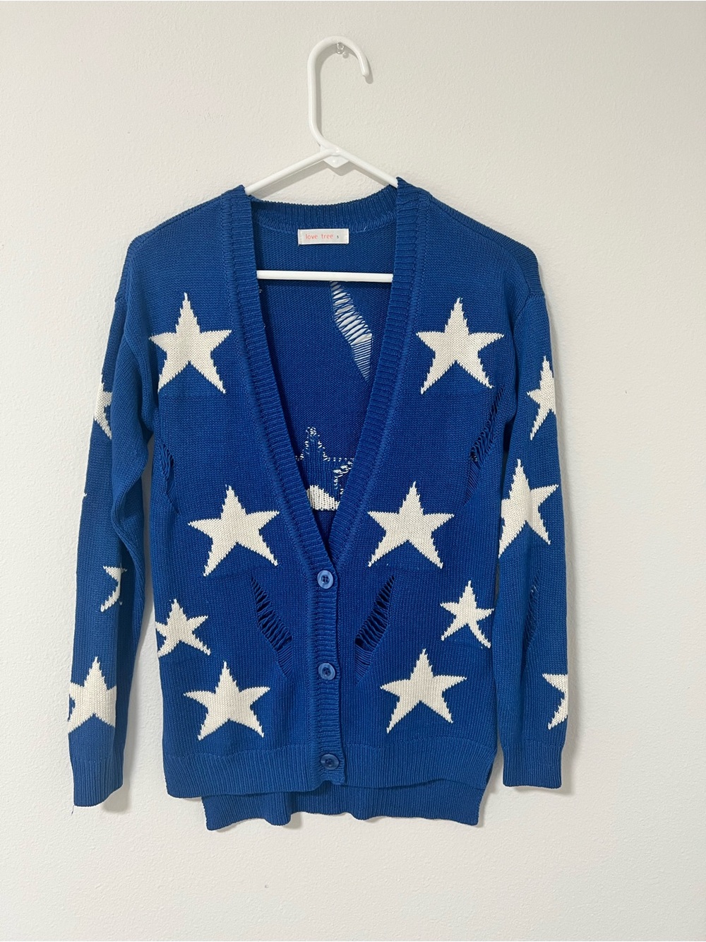 Love tree Star Print Distressed Cardigan in Blue & White Size Small